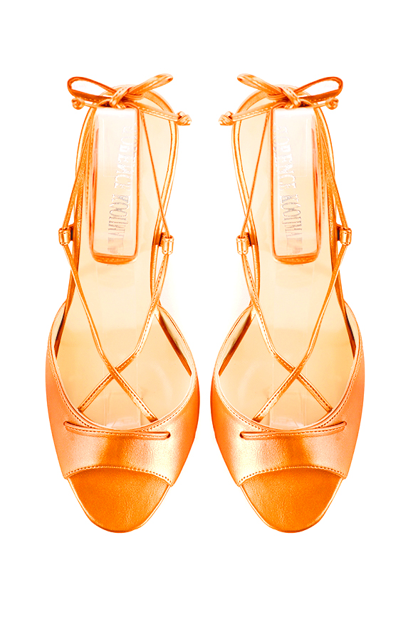 Apricot orange women's open back sandals, with crossed straps. Round toe. High wedge heels. Top view - Florence KOOIJMAN